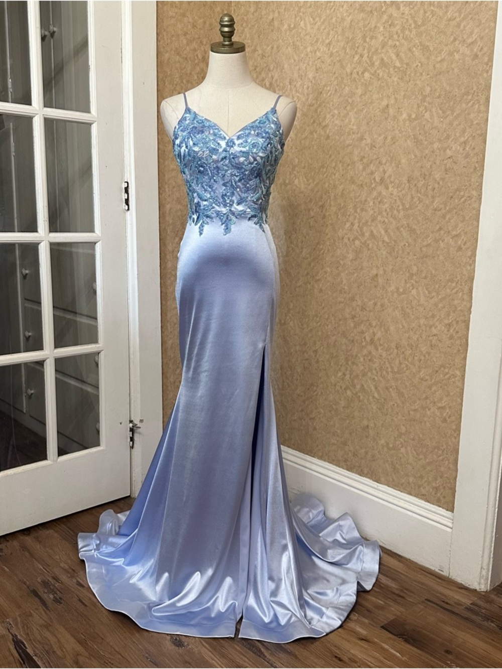FAVIANA Light Blue Satin Floral Leaf Beaded Formal Prom Dress